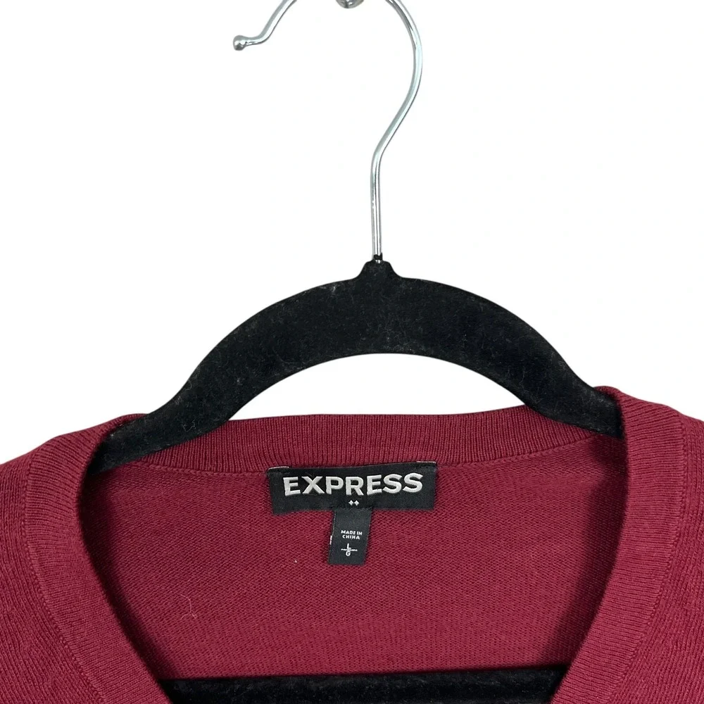 Express Mens Cashmere Blend Knit Sweater V Neck Ribbed Hem Red Burgundy Size L*